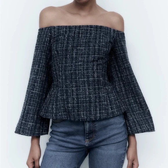 Zara Blue Tweed Textured Off the Shoulder Top - Picture 4 of 9